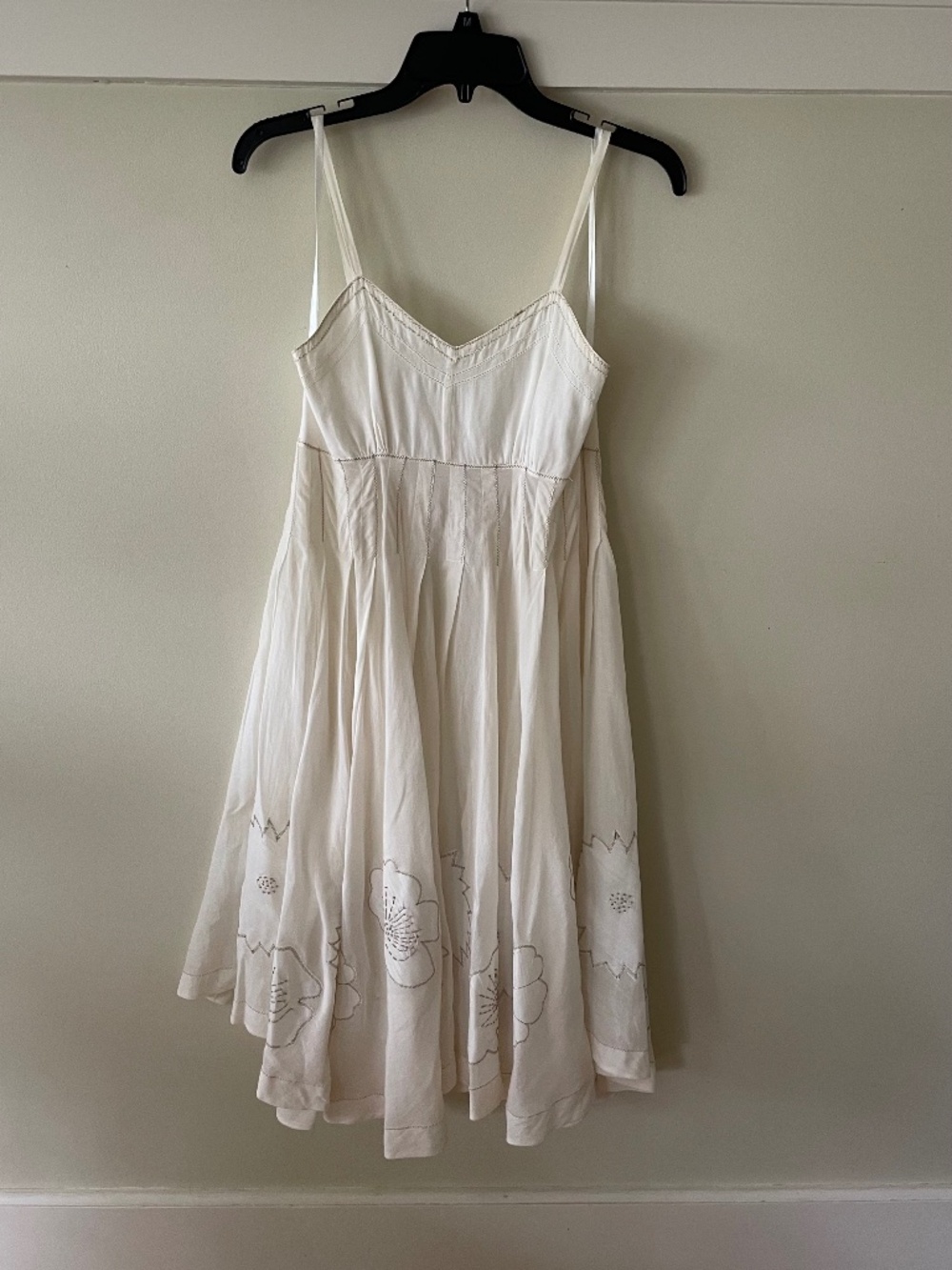Vintage White Floral Appliqué Sun Dress Full Skirt Unlined Sheer l size S
